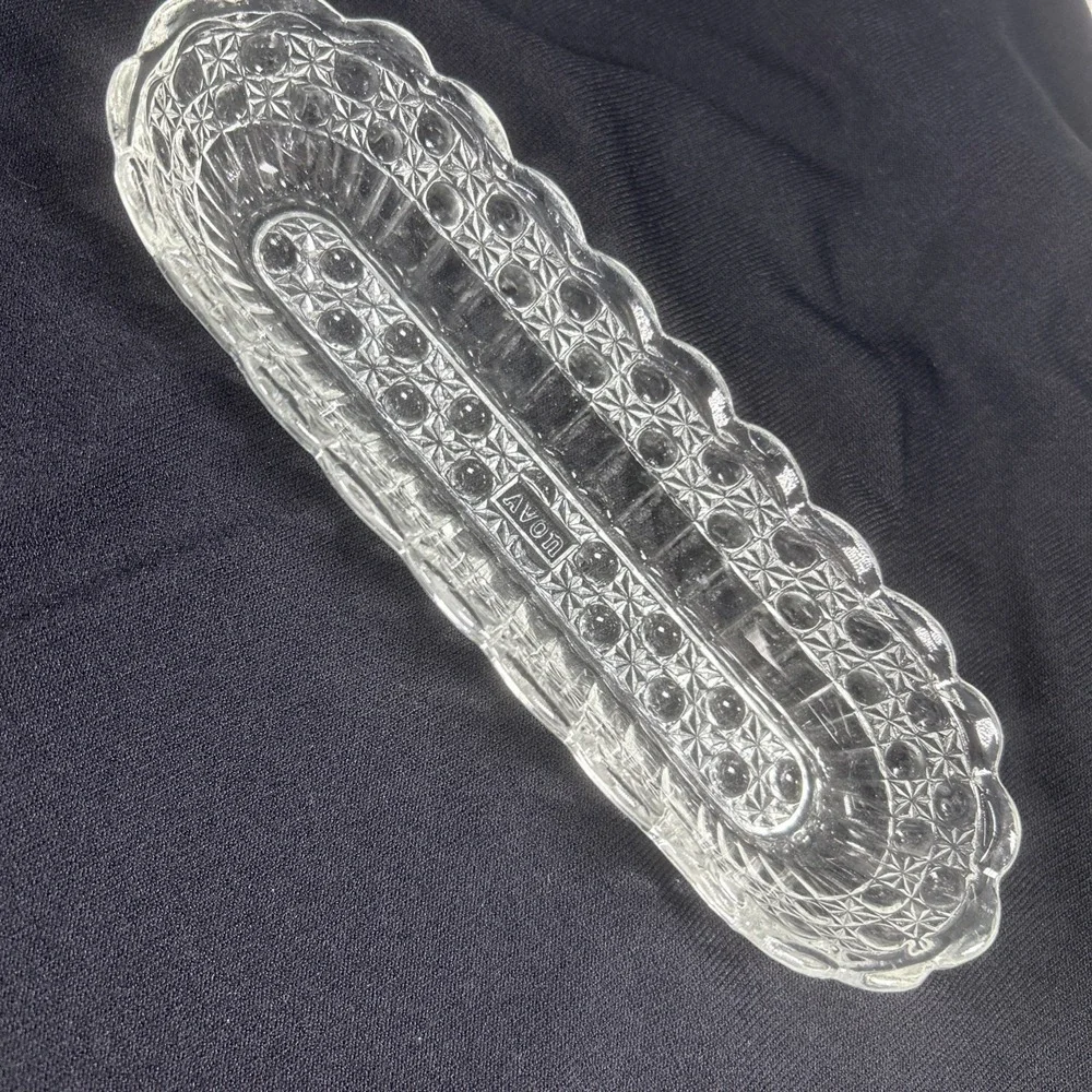 Vintage 1970s Avon Clear Glass Daisy‎ & Button Relish Celery Serving Dish Oblong